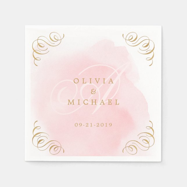 Gold blush elegant vintage calligraphy wedding napkin (Front)