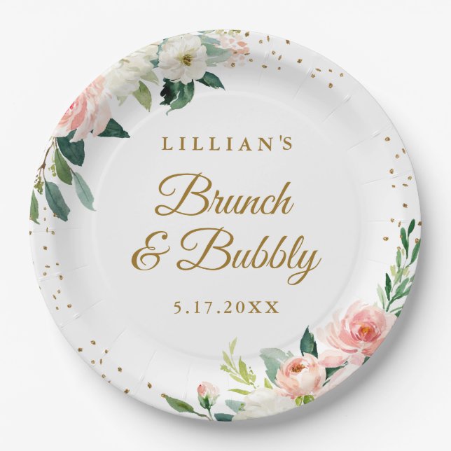 Gold Blush Floral Brunch And Bubbly Paper Plate (Front)