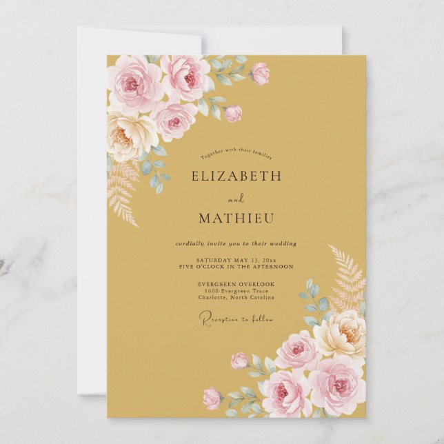 Gold Blush Floral Romance Wedding Invitation (Front)