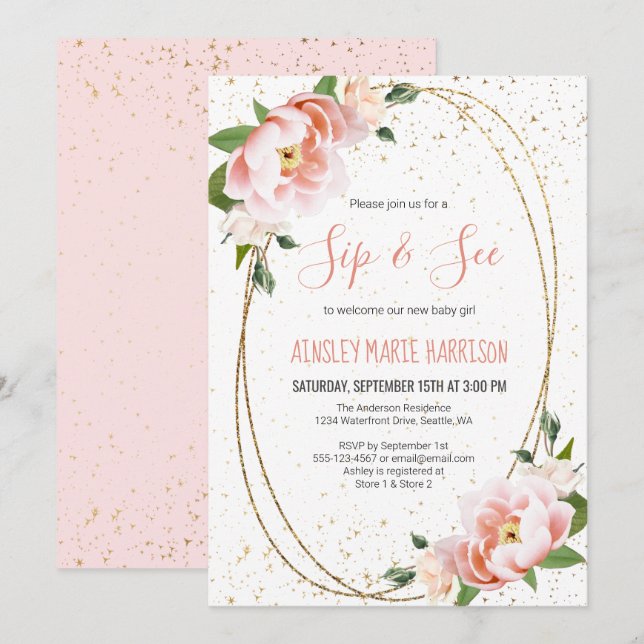 Gold Blush Floral Sip & See Baby Girl Shower Invitation (Front/Back)