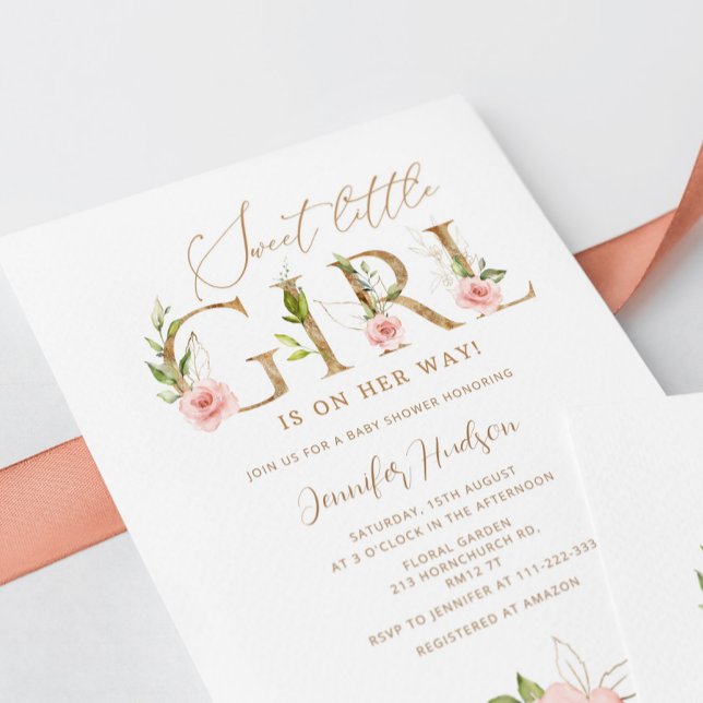 Gold blush floral Sweet little girl baby shower Invitation (Creator Uploaded)