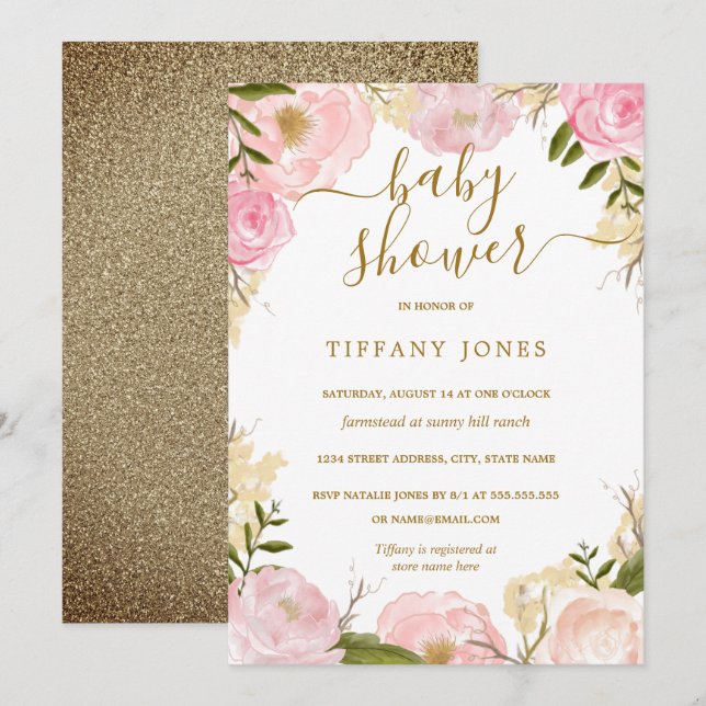 Gold Blush Floral Watercolor Girl Baby Shower Invitation (Front/Back)