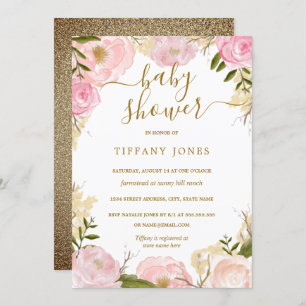 Gold Blush Floral Watercolor Girl Baby Shower Invitation