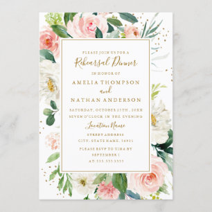 Gold Blush Floral Wedding Rehearsal Dinner Invitation