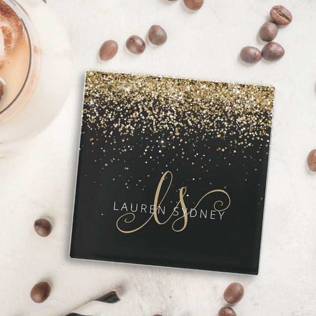 Gold Blush Glitter Glam Monogram Name Glass Coaster (Creator Uploaded)