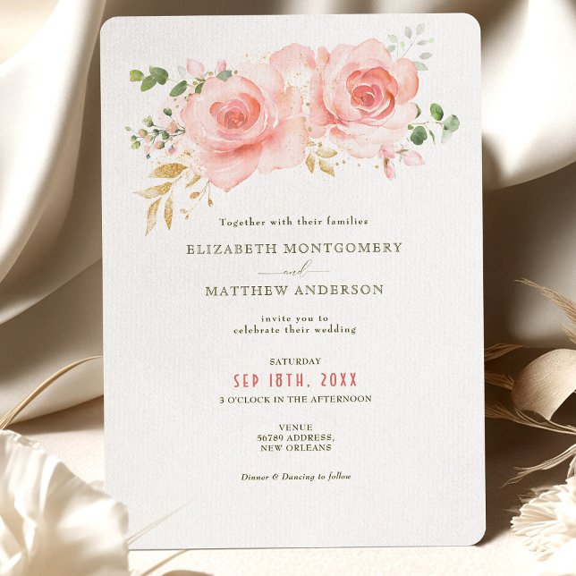 Gold & Blush Greenery Wedding Watercolor Rustic Invitation (Creator Uploaded)