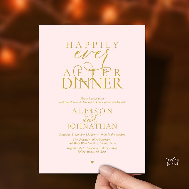 Gold Blush Happily Ever After Dinner Wedding Invitation (Blush Gold Happily Ever After Dinner Modern Script Wedding Invitation Card)