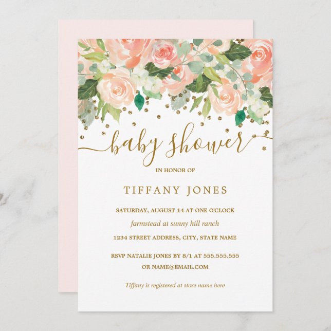 Gold Blush Peach Floral Watercolor Baby Shower Invitation (Front/Back)
