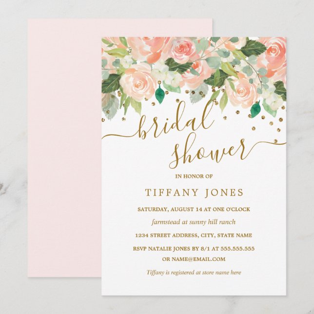 Gold Blush Peach Floral Watercolor Bridal Shower Invitation (Front/Back)