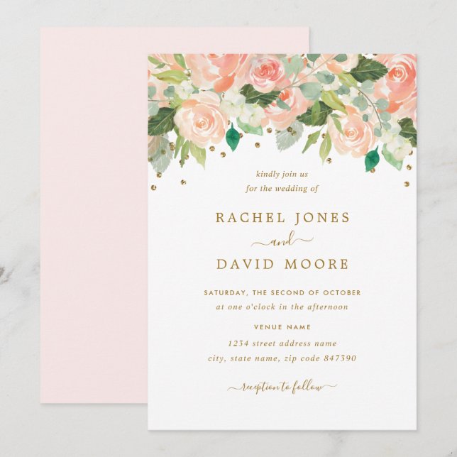 Gold Blush Peach Floral Watercolor Wedding Invite (Front/Back)