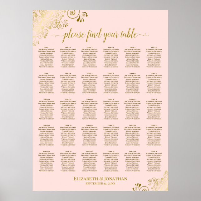 Gold & Blush Pink 30 Table Wedding Seating Chart (Front)