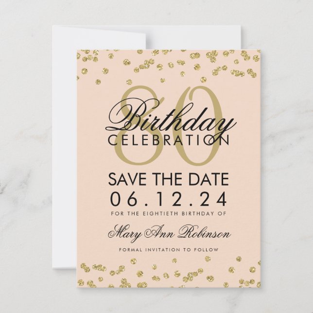 Gold Blush Pink 80th Birthday Save Date Confetti Save The Date (Front)