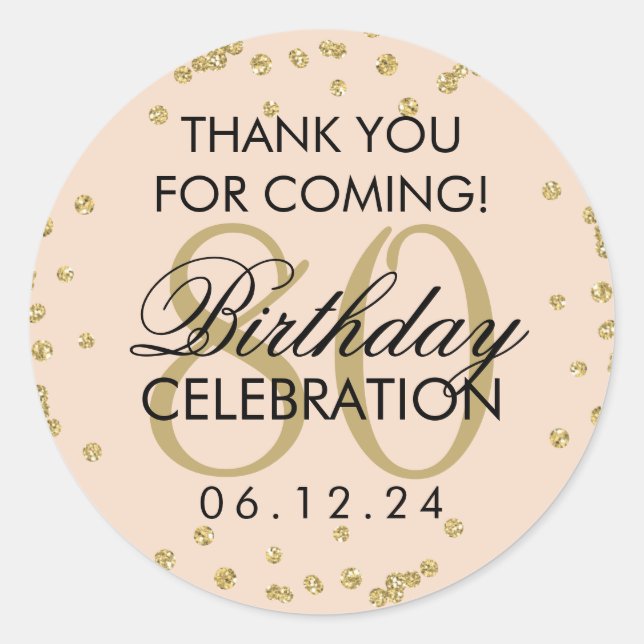 Gold Blush Pink 80th Birthday Thank You Glitter Classic Round Sticker (Front)