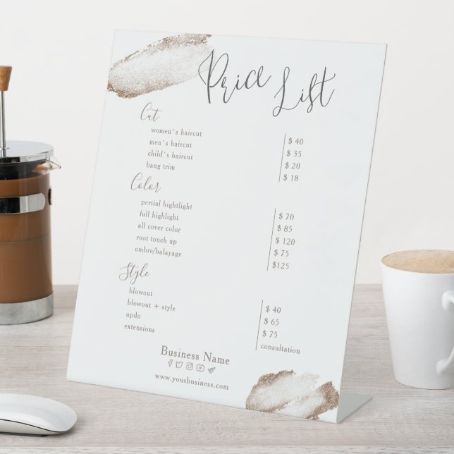 Gold Blush Pink Beauty Salon Price List Pedestal Sign (In SItu)