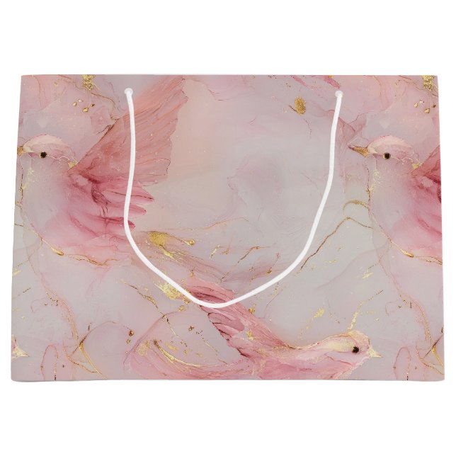 Gold Blush Pink Birds Baby Shower Large Gift Bag (Front)