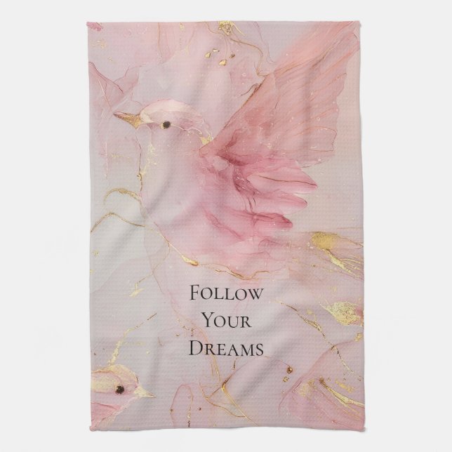 Gold Blush Pink Birds Baby Shower Tea Towel (Vertical)