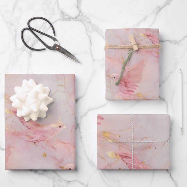 Gold Blush Pink Birds Baby Shower Wrapping Paper Sheet (Front)