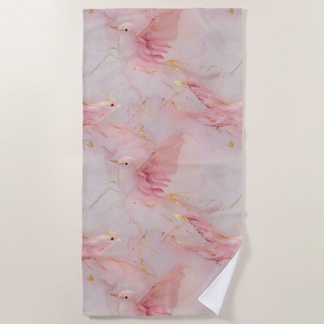 Gold Blush Pink Birds   Beach Towel (Front)