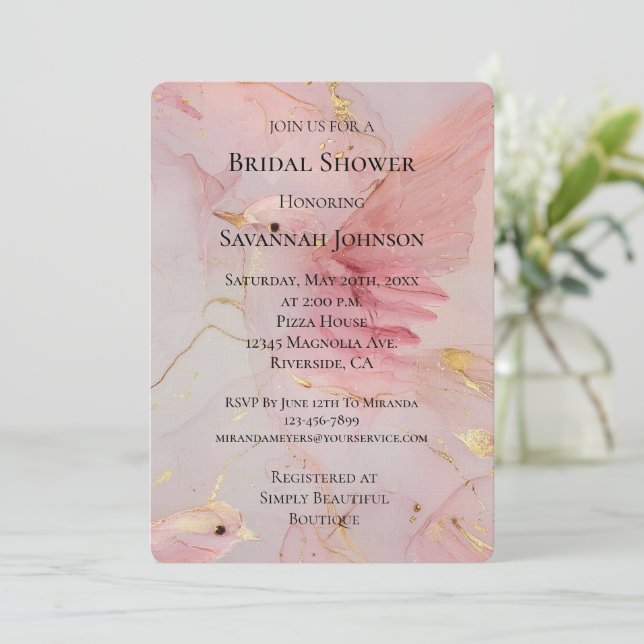 Gold Blush Pink Birds Bridal Shower Invitation (Standing Front)