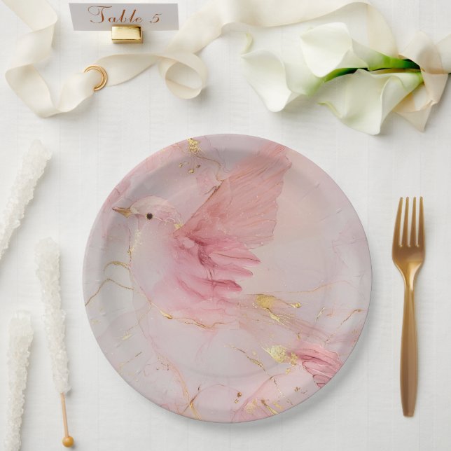 Gold Blush Pink Birds Bridal Shower Paper Plate (Wedding)