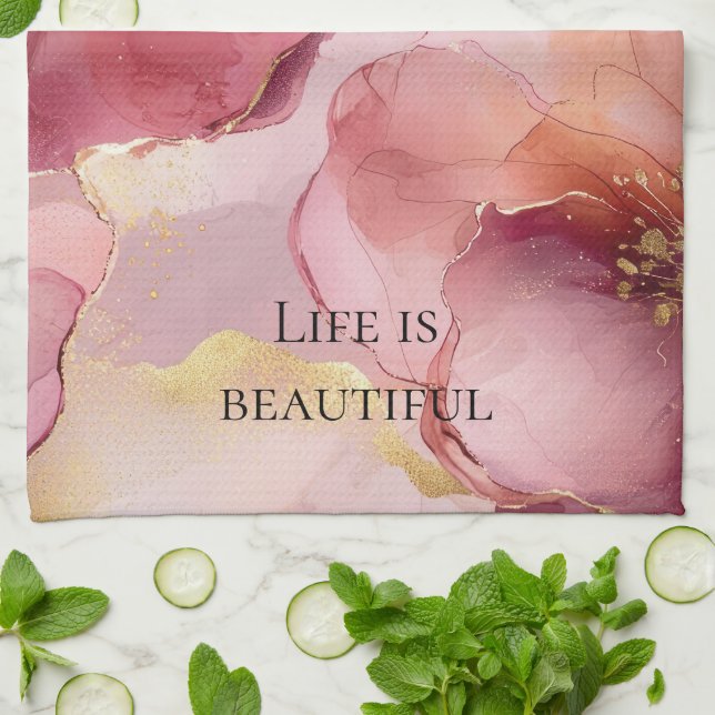 Gold Blush Pink Burgundy Floral Bridal Shower Tea Towel (Folded)