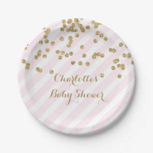 Gold Blush Pink Confetti Stripes Baby Shower Plate