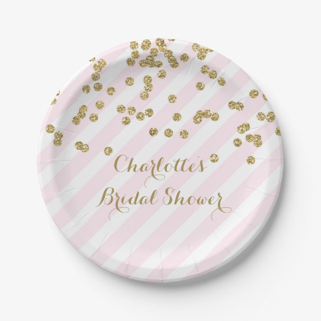 Gold Blush Pink Confetti Stripes Bridal Shower Paper Plate (Front)
