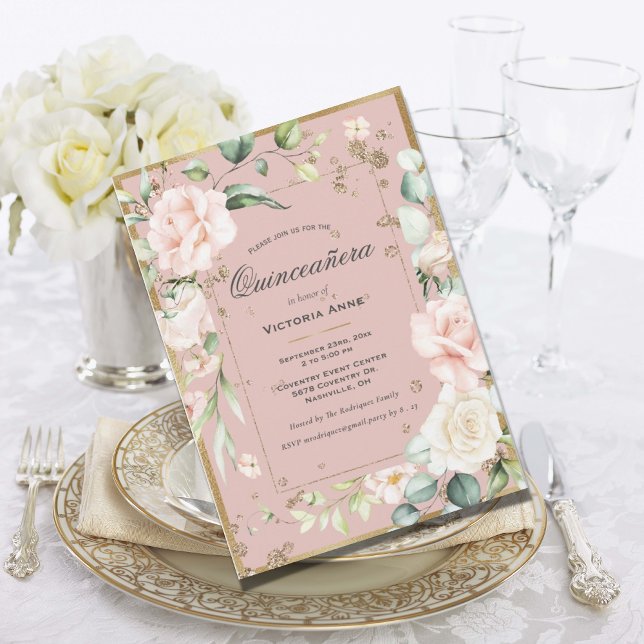 Gold Blush Pink Elegant Floral Quinceañera Invitation (Creator Uploaded)