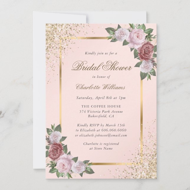 Gold Blush Pink Floral Bridal Shower Invitation (Front)