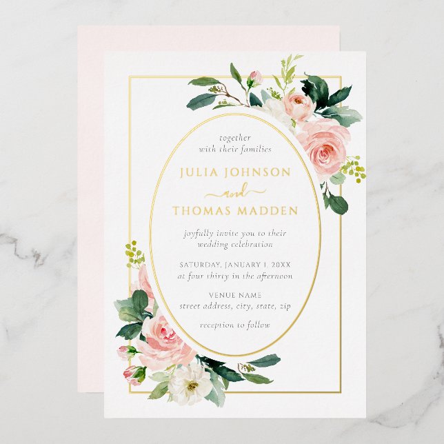 Gold Blush Pink Floral Frame Wedding  (Front/Back)