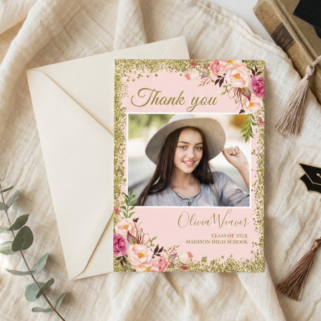 Gold Blush Pink Floral Photo Graduation Thank You Invitation (Creator Uploaded)