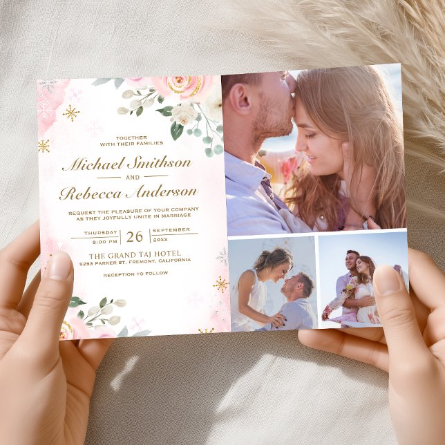 Gold Blush Pink Floral Photo QR Code Wedding Invitation (Creator Uploaded)