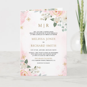 Gold Blush Pink Floral QR Code All in One Wedding Invitation