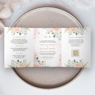 Gold Blush Pink Floral QR Code All in One Wedding Tri-Fold Invitation