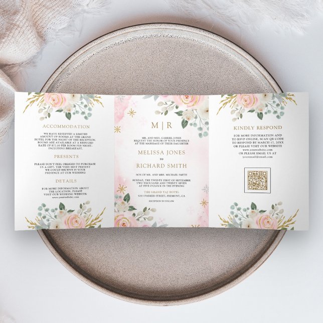 Gold Blush Pink Floral QR Code All in One Wedding Tri-Fold Invitation (Creator Uploaded)