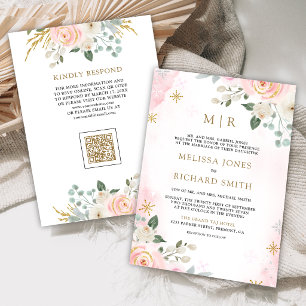 Gold Blush Pink Floral QR Code Wedding Invitation