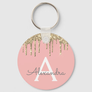 Gold Blush Pink Girly Sparkly Glitter Monogram Key Ring
