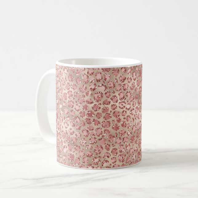 Gold Blush Pink Glitzy Glitter Leopard Print Coffee Mug (Front Left)