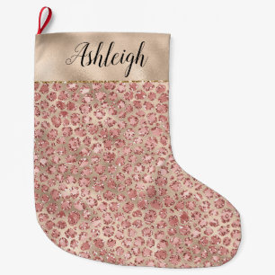 Gold Blush Pink Glitzy Glitter Leopard Print Large Christmas Stocking