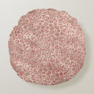 Gold Blush Pink Glitzy Glitter Leopard Print Round Cushion