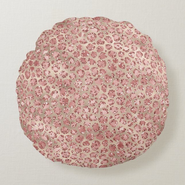 Gold Blush Pink Glitzy Glitter Leopard Print Round Cushion (Front)