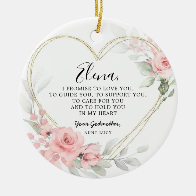 Gold Blush Pink Heart Geometric Godparents Ceramic Tree Decoration (Front)