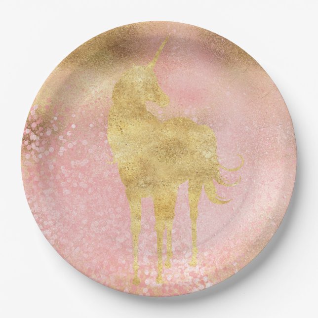 Gold Blush Pink Magical Unicorn Paper Plate (Front)