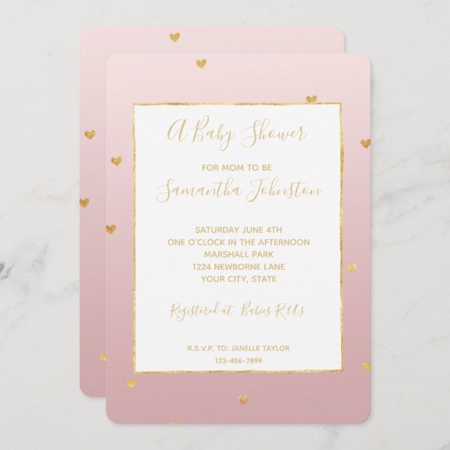 Gold Blush Pink Ombre Hearts Baby Shower Invitation (Front/Back)