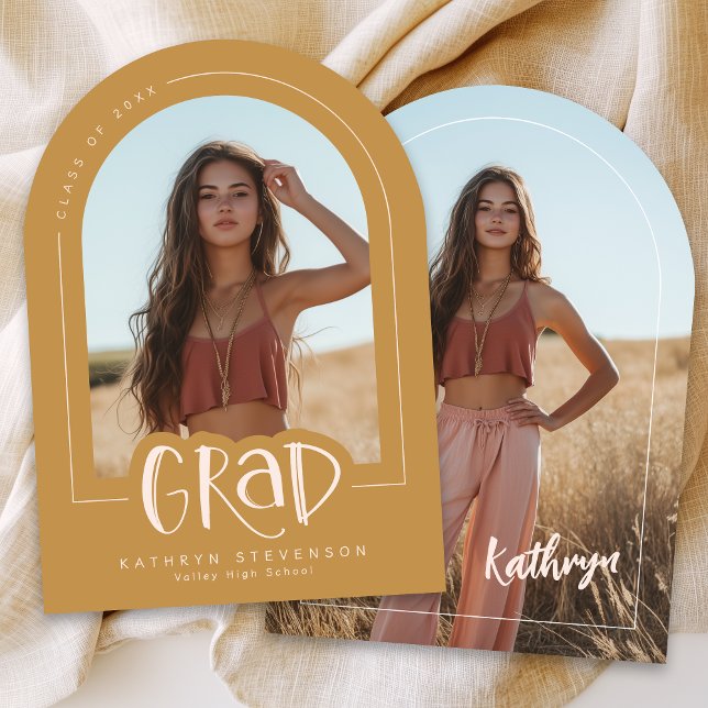 Gold Blush Pink Photo Graduation Announcement (Front + Back | 5" x 7" invitation with Arch Corner Type)