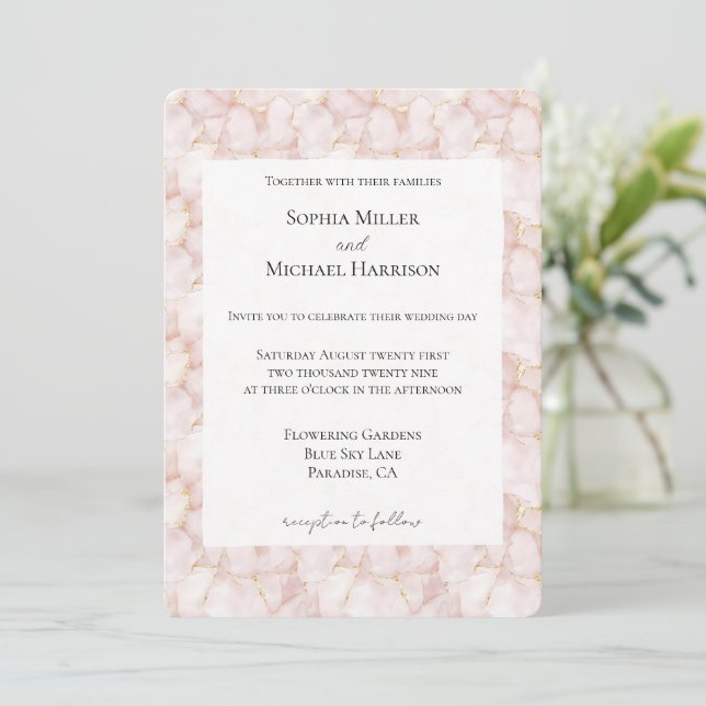 Gold Blush Pink Rose Petals Floral Wedding Invitation (Standing Front)