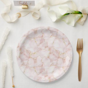 Gold Blush Pink Rose Petals Floral Wedding Paper Plate