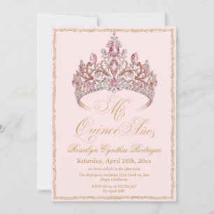 Gold Blush Pink Tiara Quinceanera Photo Invitation