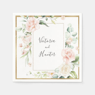 Gold Blush Pink Watercolor Romantic Floral Wedding Napkin