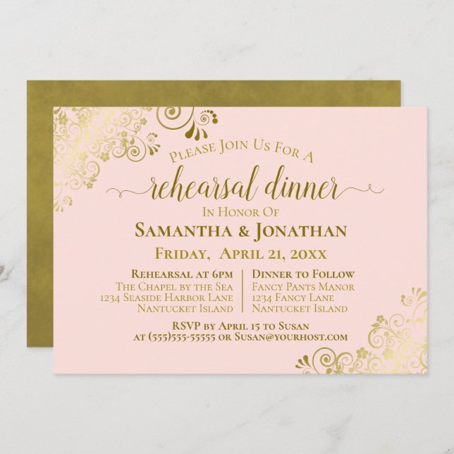 Gold & Blush Pink Wedding Rehearsal & Dinner Invitation (Front/Back)